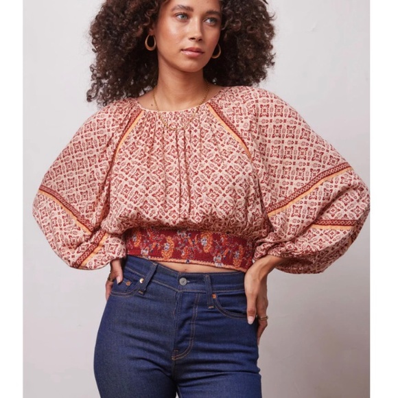 PATRONS OF PEACE Irving Adobe Tile Print Cropped Smocked Top Boho Peasant Medium - Picture 15 of 15